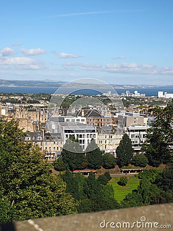 view of Edinburgh, Scotland Princes Street Gardens and Queen Street Gardens Firth of Forth flowing into the Water of Leith from Stock Photo