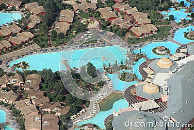 View of Egyptian resorts with swimming pools from plane. Tropical resorts Editorial Stock Photo