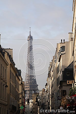 The view of the Eiffel tower from Parisian streets, France Editorial Stock Photo