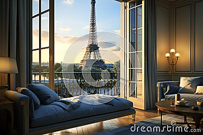 view of the eiffel tower through the window of a rental apartment for the olympic games, AI generated Stock Photo