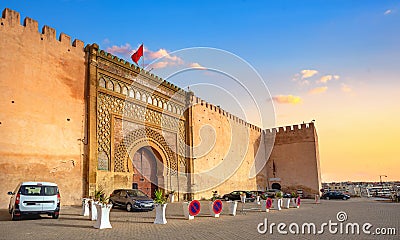 Old walls and gate Bab El-Mansour at El Hedim square in Meknes. Morocco, North Africa Stock Photo