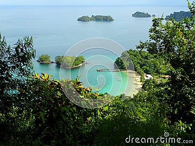 A view from elevatep point over beach in Parque Nacional de Isla Coiba, Panama Stock Photo