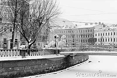 View of the embankment of the Griboyedov canal and the Lion bridge Editorial Stock Photo