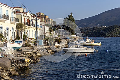 View of the embankment and yachts of the island of Paros Greece in a spring evening Stock Photo