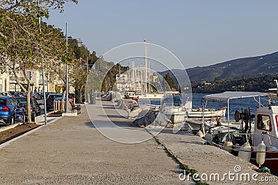 View of the embankment and yachts of the island of Paros Greece in a spring evening Stock Photo