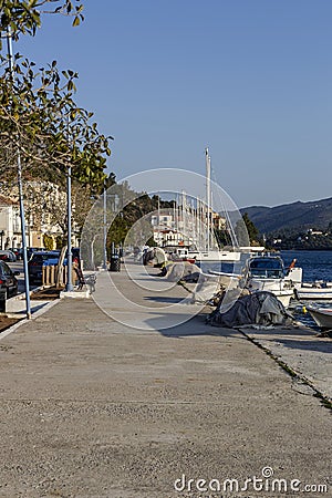 View of the embankment and yachts of the island of Paros Greece in a spring evening Editorial Stock Photo
