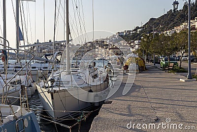 View of the embankment and yachts of the island of Paros Greece in a spring evening Stock Photo