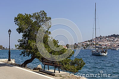 View of the embankment and yachts of the island of Paros Greece in a spring evening Stock Photo