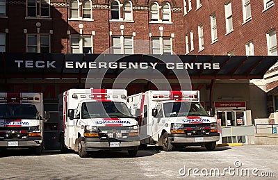 View of Emergency Department `Teck Emergency Centre` at St Paul Hospital with ambulance vehicles near the entrance Editorial Stock Photo