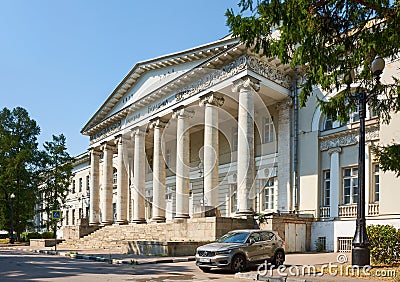 View of the entrance with the columns of the First Grad Hospital named after N.I. Pirogov, 1832, landmark Editorial Stock Photo