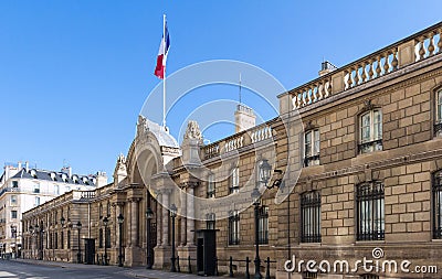 View of entrance gate of the Elysee Palace from the Rue du Faubourg Saint-Honore. Elysee Palace - official residence of Stock Photo