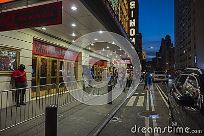 View of entrance to Neil Simon theater performing MJ the musical. Broadway shows concept. New York. Editorial Stock Photo