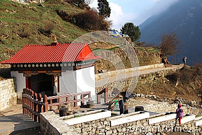 View of entrance to the town Namche Bazaar in Nepal Editorial Stock Photo