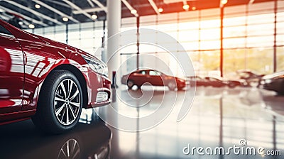 View of expensive red new cars presented in an auto center for sale or for rent. Empty space for text. Stock Photo