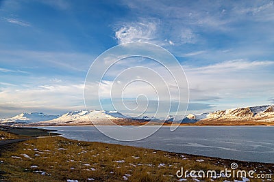 View of Eyjafjordur at the beginning of winter, Iceland Stock Photo