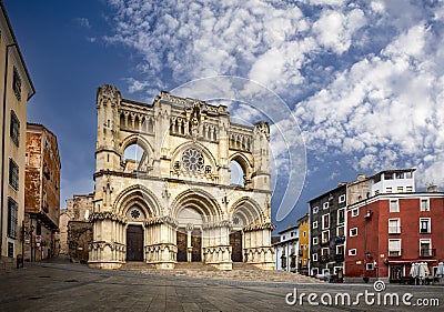 View of the facade of the Cathedral of Cuenca in the Plaza Mayor, Unesco World Heritage city Editorial Stock Photo