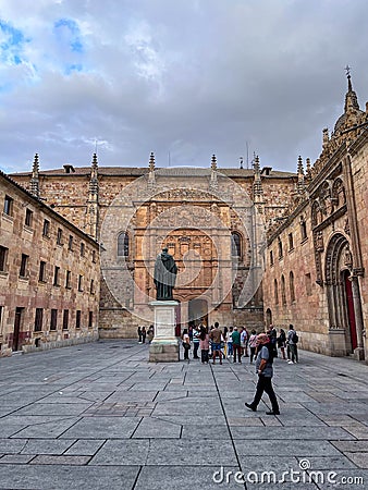 Facade University of Salamanca, Spain. Statue of Fray Luis de Leon, Salamanca, Spain Editorial Stock Photo