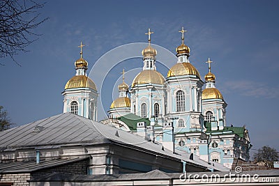 View of the facade of the temple with domes Stock Photo