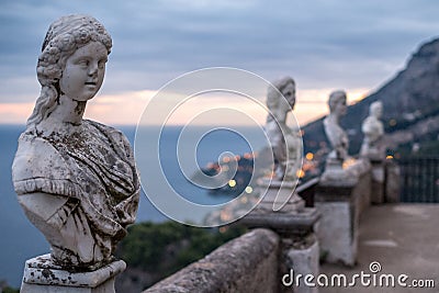 View of the famous busts and the Mediterranean Sea from the Terrace of Infinity at the gardens of Villa Cimbrone, Ravello, Italy Editorial Stock Photo