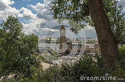 View of the famous Hamburg Landungsbruecken with harbor, St. Pauli district, Hamburg, Germany Editorial Stock Photo