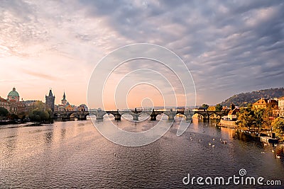 View on famous Prague Charles Bridge at sunset Stock Photo