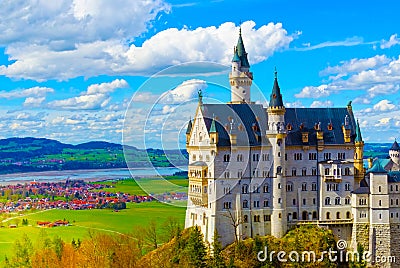 View of the famous tourist attraction in the Bavarian Alps - the 19th century Neuschwanstein castle. Stock Photo