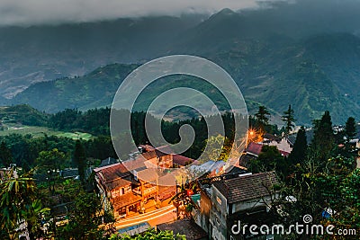 View of fansipan mount from the hotel in the Evening, Sapa, Lao Stock Photo