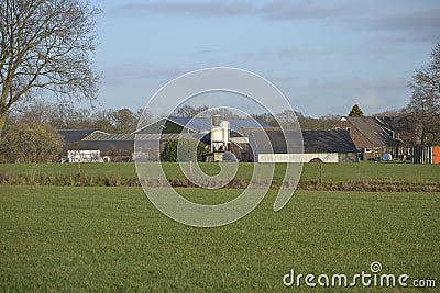 View at farm with barns and silo Stock Photo