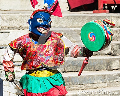 Ghing with drums, masked dance at Mani Rimdu festival, Tengboche monastery, Nepal Editorial Stock Photo
