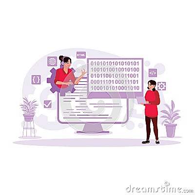 View of a female programmer working with the laptop. Program development concept. Vector Illustration
