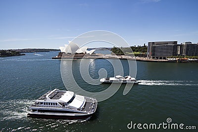 View at ferries in Sidney harbour with Opera house Editorial Stock Photo