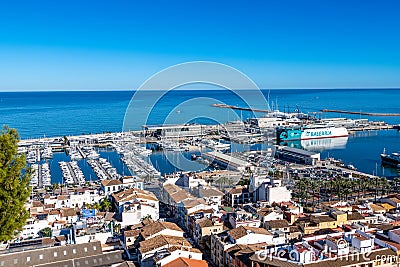 View of Ferry and Marina in Denia, Spain Editorial Stock Photo