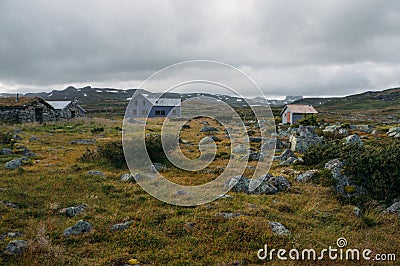 view of field with green grass and scattered stones against small rural houses, Norway, Hardangervidda Stock Photo