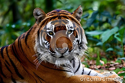 view Fierce bengal tiger stares intensely in tranquil forest setting Stock Photo