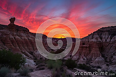 view of fiery canyon sunset, with silhouettes of statuesque rock formations in the foreground Stock Photo