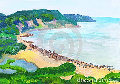 View of the Filinsky Bay of the Baltic Sea. Children`s drawing Stock Photo