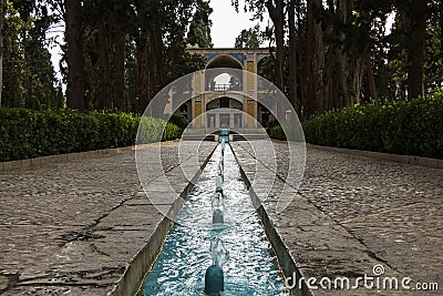 View of the Fin Garden or Fin Bagh near the persian city of Kashan. Water is one of the key elements in the persian gardens. Iran. Stock Photo