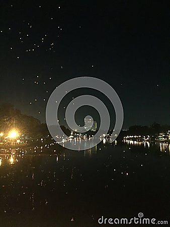 View of fireflies flying a dark night in a river with bright lights from a city Stock Photo