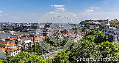 The view from the Fisherman`s Bastion towards the Chain Bridge eastward along the River Danube in Budapest Stock Photo