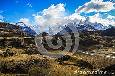 View on the Fitz Roy and El Chalten, from the surrounding mountains, Patagonia, Argentina Stock Photo