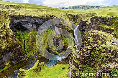 View of Fjadrargljufur Canyon towards the waterfall, and upstream of Fjadra river. South East of Iceland Stock Photo