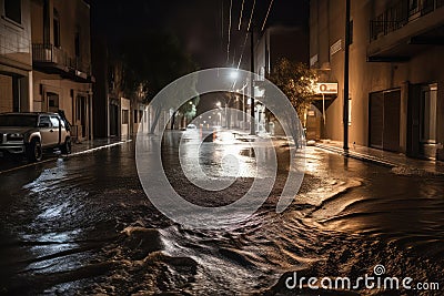 view of flash flood rushing down the middle of a deserted street in the night Stock Photo