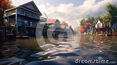 View of a flooded village street. Concept of ecological catastrophe. Generative AI. Stock Photo