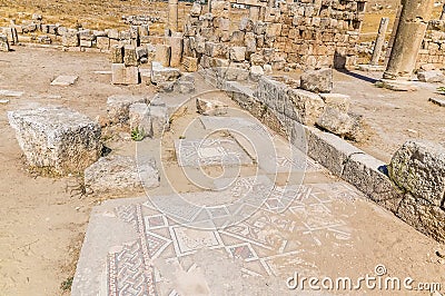 A view of a floor mosaic in the ruins of Saint George Church in the ancient Roman settlement of Gerasa in Jerash, Jordan Stock Photo
