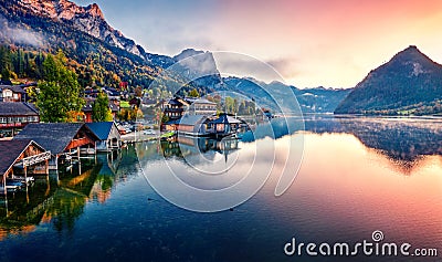 View from flying drone. Awesome sunrise on Grundlsee lake. Breathtaking morning view of Eastern Alps, Liezen District of Styria, A Stock Photo