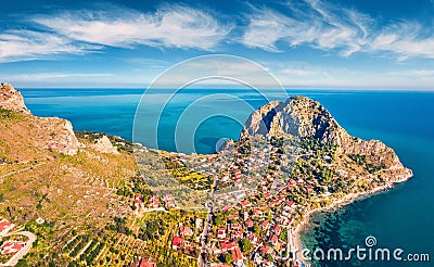 View from flying drone. Gorgeous morning view of Zafferano cape. Exciting spring seascape of Mediterranean sea, Sicily, Italy, Eur Stock Photo