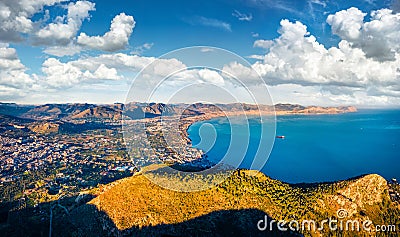 View from flying drone. Sunny morning cityscape of Palermo city. Impressive spring scene of Sicily, Italy, Europe. Nice seascape o Stock Photo