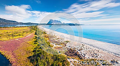 View from flying drone. Superb summer view of La Cinta beach. Splendid morning scene of Sardinia island, Italy, Europe. Aerial Med Stock Photo