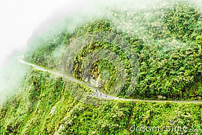 Foggy death road in the Yungas in Bolivia Stock Photo