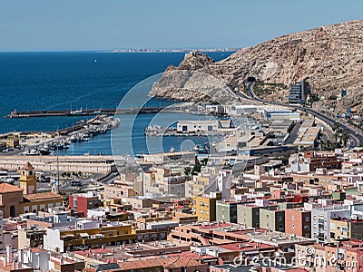 View from the fortress of Moorish houses and buildings along the port of Almeria, Andalusia, Spain Editorial Stock Photo